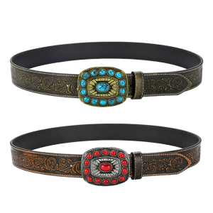 Turquoise Square Buckles Waist Belt For Women Antique Embossed Flower Pattern Waistband for Dress Shirt All Matching
