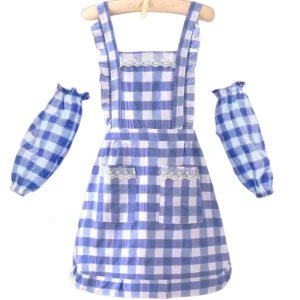Adjustable Blue Plaids Apron With Attached Arm Covers Polyester Cotton Kitchen Apron For Cooking Baking and Catering