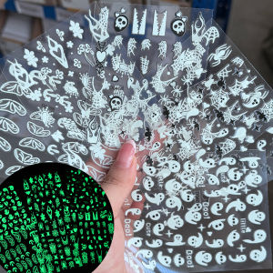 ZEEMIN 6pcs Pink White Glitter Halloween Nail Stickers 3D Ghost/Skull/Web/Spider/Butterfly Nail Decals Adhesived Halloween Nail Sticker