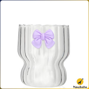 Naukaha【Ready in Stock】 300ml Cute Bow Shaped Glass Cup Coffee Cup Transparent Cold Drink Ice Cream Cup Mug