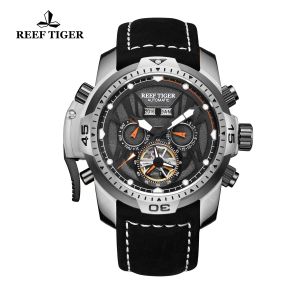 (OFFICIAL 3 Yrs WARRANTY) Reef Tiger/RT RGA3532 Leather Strap Annual Calendar Calendar Luminous Waterproof Automatic Mechanical Mens Sports Watch