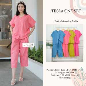 Top Blouse Setelan Midi Pants High Waist Tesla One Set Bahan Linen Rami Premium Fashion Wanita