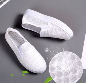 Giày Slip-on Vải Thoáng Khí Màu Trắng Đen Giày Nữ Đế Bằng GN37