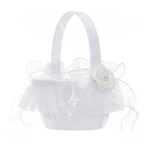 Pearls Bridal Basket For Flower Girls Small Size White Petal Holder With Handle Lace Pearls and Decorative Flower