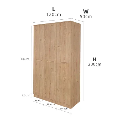 KitchenZ 4FT Chester Series 3 Door Wardrobe Almari Baju Almari Pakaian Rak Baju Height 200cm-HMZ-FN-WD-C3004-OAK