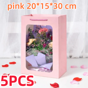 5pcs Paper Bag Window Paper Bag Clear Window Gift Bags for Stuff Toys Flower Bag Thick Hand-held Paper Bag Gift Packaging Valentines Day Gift Bag