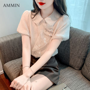 AMMIN Phong Cách Xã Hội Mới Mùa Hè Tay Áo Bong Bóng Người Phụ Nữ Ngọt Ngào Tay Ngắn Cổ Áo Búp Bê Áo Voan Thiết Kế Khóa Đĩa Cổ Điển Cho Nữ Khâu Ren Áo Blouse Thanh Lịch