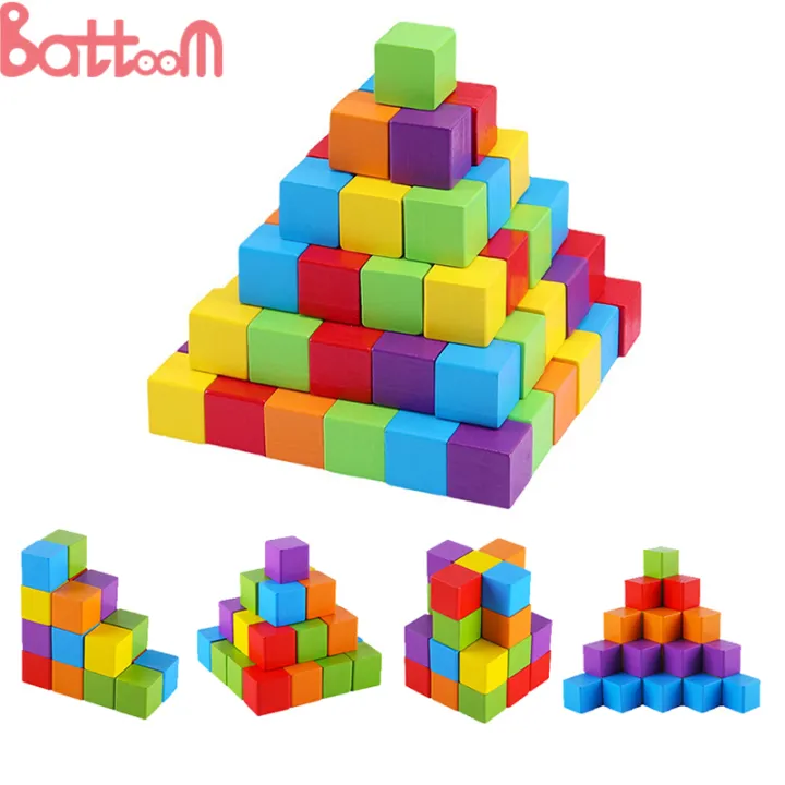 Colorful Wooden Stack Up Building Blocks Square Toys For Kids DIY