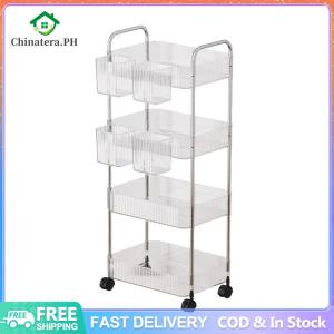 4 Tier Rolling Trolley Storage Rack with Hanging Basket Bathroom Shelf Transparent Rolling Cart for Bedroom Living Room