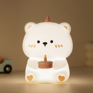 2024Creative Birthday Cake Bear LED Childrens Night Light Cute Cartoon Silicone Cake Bear Night Light USB Rechargeable Night Light Bedside Decoration Night Light Gift for Children Boys and Girls