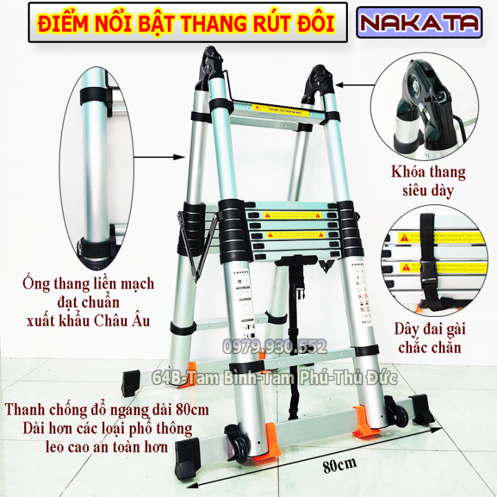 Thang nhôm rút đôi chữ A Nakata NEW, Chiều cao chữ A từ 1m9, 2m2, 2m5, 2m8, 3m2, 3m6, 4m1. Bảo hành 2 năm