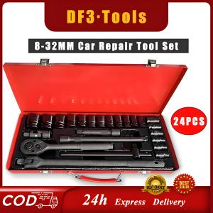 ⚙️24PCS 1/2 Drive Socket Ratchet Wrench Set CR-V Steel Heavy Duty Auto Repair Tools Complete 8-32MM With Storage Metal Box