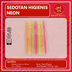 Sedotan Flexible Higienis 6mm Neon Isi 100pcs / Sedotan Steril Bengkok Warna Neon Isi 100pcs