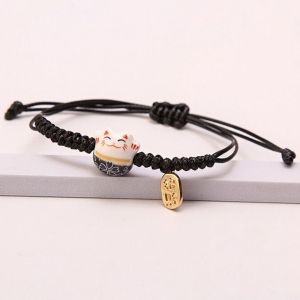 YAOO Dây cầm tay Vòng tay Maneki Neko  dây chuyền mèo bằng gốm Thủ công Dây bện màu Đỏ Sáng Tạo Phụ kiện trang sức Nhẫn đeo tay nữ Người yêu