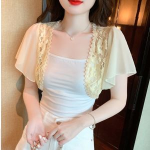 Impression Fashion Women Elegant Korean Chiffon Joint Lace Plain Short Sleeve Short Sun-protective Shawl Cardigan