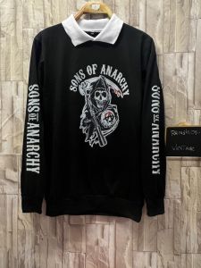 เสื้อโปโลแขนยาวคอปกสกรีนวินเทจเท่ๆเนื้อผ้าใส่สบายโทนดำ