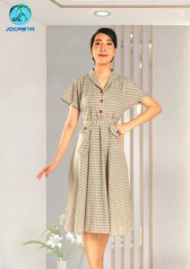 Đầm Nữ Ngắn Tay Kẻ Karo Nhỏ Cổ Vec Có Túi Chất Vải Cotton Mềm Mịn Thoáng Mát Co Giãn Thoải Mái Phong Cách Sang Trọng