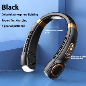 Portable Hanging Neck Fan 3000/6000MAH USB Rechargeable Fan Silent LED Digital Display Bladeless Color Step Light 5-speed Adjustable Neck Fan Cooler