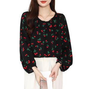 Bebovizi Fashion Thailand Longgar Panjang Lengan 3/4 Blus Hitam Leher Bulat Bepergian Pantai Kasual