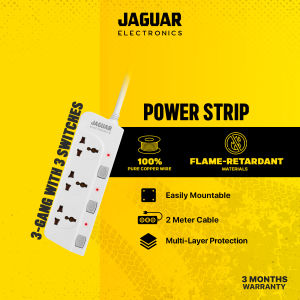 Jaguar Electronics Power Strip 3-Gang with 3 Switches - White 2 Flat Pin Copper Wall Mountable