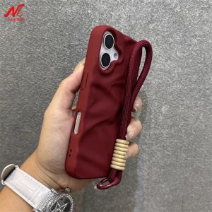Fashion Silicone Wrinkle Phone Case For iPhone 16 14 13 12 11 15 Pro Max Soft Candy Color Wrist Strap Hand Chain Armor Cover