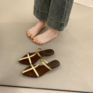 [Free Shipping] Shoes Roman Style Wedge Heel Black Thin Straps New 2026 With Skirt Pointed Toe Slippers Summer Gold