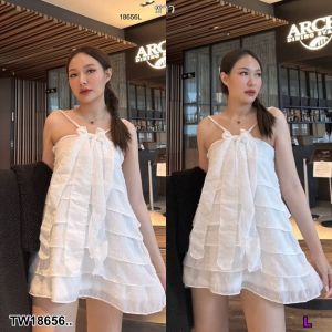 TW18656  เดรสสั้นแต่งระบายชั้นๆทั้งชุด แต่งผูกโบว์หางยาวด้านหน้า ..