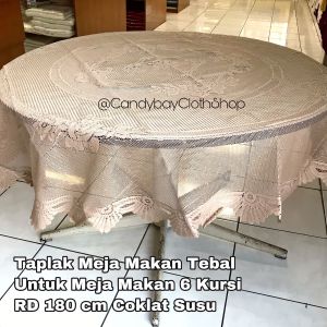 Taplak Meja Tebal / Taplak Meja Makan Bundar 6 Kursi diameter 180 cm Bahan Polyester Tebal Warna Coklat Susu Corak Bunga Monica