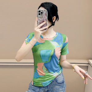 YIMEI เสื้อยืดผู้หญิงแขนแขนสั้นคอกลมพิมพ์ลายตาข่ายสลิมฟิตอีลาสติกใหม่2025