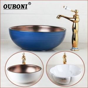 LDIES Ceramic Bathroom Sink Set styles Hand Painted Art Basin Gold Teapot Spout Hot Cold Vanity Top Sink Faucet Q8Z3P