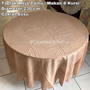 Taplak Meja Tamu / Taplak Meja Makan Bundar 8 Kursi diameter 230 cm Warna Coklat Susu Bahan Kain Polyester Corak Bunga Mahkota