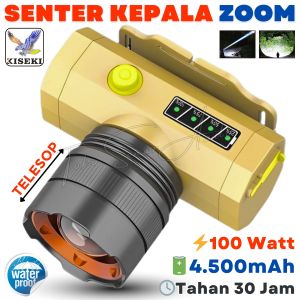 Senter Kepala KISEKI 100W Lensa Zoom 5F Terbaru Tahan 30 Jam Baterai 4500mAh Tahan Air Dan Benturan Ready Cahaya Kuning Dan Putih Cas USB Tipe-C Headlamp | Headligt LED Rechargeable | TOKO SINAR AUDIO