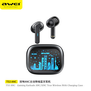 Awei T53 ANC ENC Wireless Earphones With 4 Mic Bluetooth 5.3 Active Call Noise Cancelling RGB Colorful City Light Gaming Earbuds IPX6 Waterproof 10mm Low Delay In-Ear Headphone for Music Sleeping