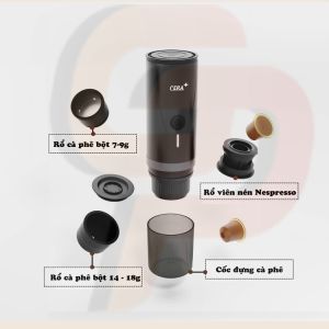 ( BH 12THANG 1 ĐỔI 1)Máy Pha cafe cầm tay Espresso CERA+ PCM03 3in1 (Rổ cà 16g & 8g Capsule Viên nén Nespresso) 20barPin 7500mAh đun sôi