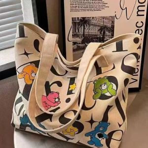 ZEEMIN Student Canvas Bag Large Capacity Tote Commuter New Bag Versatile Printed Mommy Casual Handheld Shoulder Shopping Bag