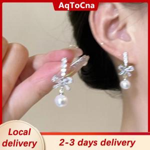 [COD] AqToCna Ship within 24 hours 1Pair Exquisite Bow Pearl Dangle Earrings For Women Girls Fashion Sweet Stud Earrings Wedding Party Jewelry Accessories Gifts
