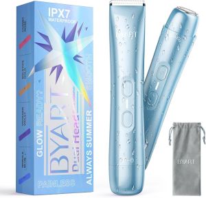 BYART Bikini Trimmer for Women - 2-in-1 Body & Facial Hair Trimmer for Shaving Wet & Dry Use Cordless Electric Razors for Legs Underarms Pubic Ceramic Blade for Sensitive Skin - No Nicks No Bumps IPX7 Waterproof Rechargeable Ceramic Blade Wet/Dry