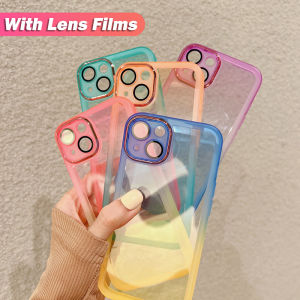 【 With Lens Films 】 CrashStar Gradient Soft Transparent Phone Case For iPhone 15 14 13 12 11 Pro Max XS XR X 8 + 7 Plus Shockproof Clear Phone Casing Phone Cover With Plating Lens Camera Protection Top Seller