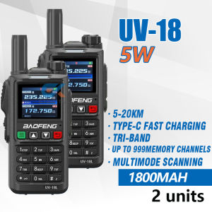 Baofeng UV-18 Walkie Talkie 2 Pcs 5W Tri-Band Two Way Radio Long Range 20KM LCD 999CH Type-C Fast Charging Multimode Scanning
