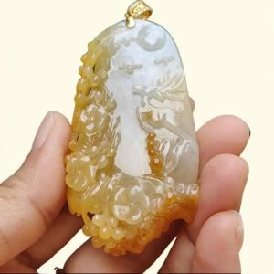 Very Rare Orange Yellow Natural Type A Jadeite Jade crafted with Deer added with 18k Gold Clasp as Pendant certificate weighs 33.26 grams measurement 64.8 * 35.2 * 8.5 mm (18kp48)