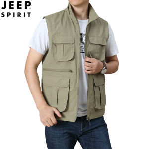 JEEP SPIRIT Mens Stand Collar Sleeveless Outdoor Gear Fashion Multi-pocket Vest Jacket