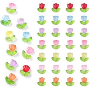 GIFTER 20 Set Mix Color Glass Material Tulip Beads with Leaves Flower Beads for DIY Jewelry Making