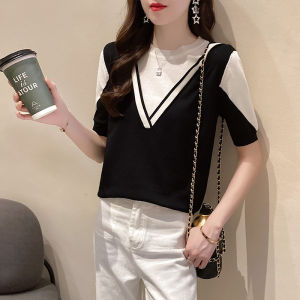 LUCKIN STORE ผู้หญิงเสื้อลายขวางผู้หญิงน้ำแข็งผ้าไหม Retro แขนสั้นฤดูร้อนใหม่หลวมเสื้อสตรีคอกลมเสื้อฤดูร้อน