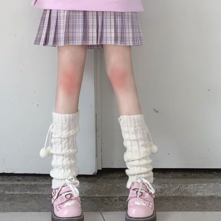 Leg Warmers Women Japanese Style Kawaii Leg Warmers Wool Ball Knit Long Leg  Warmers Loose High Socks 