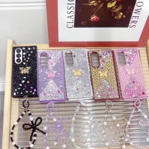 Gem Butterfly Z Fold 7 Bling Diamond Case Cover Shiny Rhinestone Pearl Jewels Girly Samsung Galaxy Z Fold7 Casing Anti-Drop Durable Hard PC Phone Case with Beaded Strap-152c4c8b
