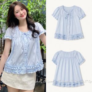 Áo tiểu thư mặc hè babydoll tay ngắn chất Gió Lụa viền bèo bo chun ngực cúc dọc đính nơ vintage