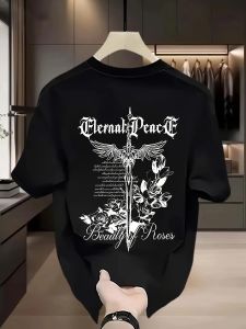 Mens Heat Transfer Print T-Shirt - Gothic "Eternal Peace" and "Beauty of the Rose" Design Black Regular Fit Short Sleeve Summer Casual Top Breathable Comfortable Shirt with Soft Texture Wolf Floral Pattern