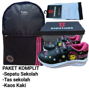 KIDZTUBS Sepatu Sekolah Anak Paket Komplit Sepatu Sekolah + Tas Sekolah + Kaos Kaki Size 28 29 30 31 32 33 34 35 36 37 TUBS1152032625
