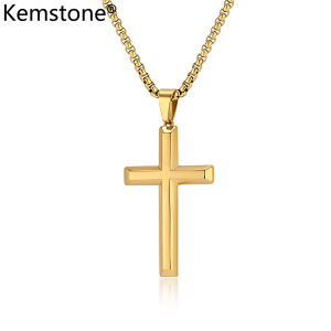 Kemstone Cross Necklace Smooth Stainless Steel Gold Plated Cross Pendant Necklace for Mens Jewelry