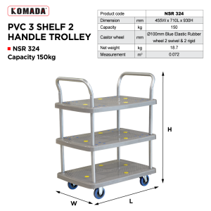 TTF RACK™ 150/300KG PVC 3 Shelf 2 Handle Trolley Plastic Flatbed Trolley Heavy Duty Plastic Hand Trolley (NSR SERIES)
